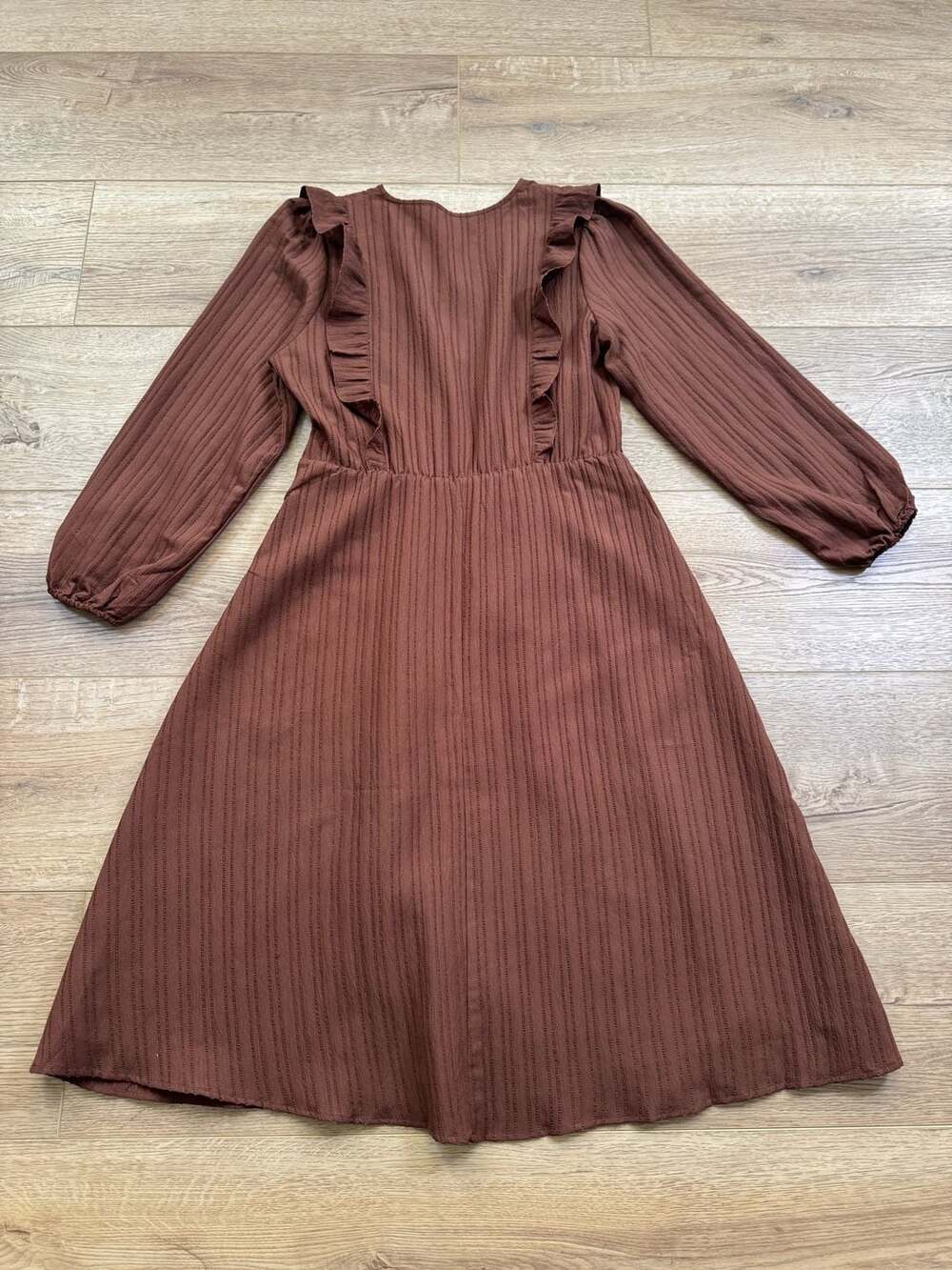 Sweet Salt Brown Midi Dress Womens L Ruffle Long Sleeve Stretch Cottagecore - Picture 16 of 16